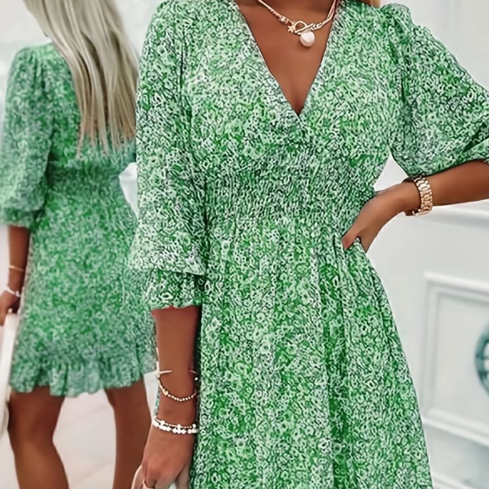 Ladies Mini Dress Floral Smocked Waist 3/4 Sleeve V-Neck Green Large